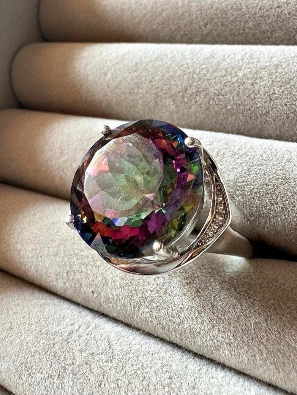 Huge Mystic Topaz & White Topaz 925 Sterling Silver Cocktail Ring Size 10